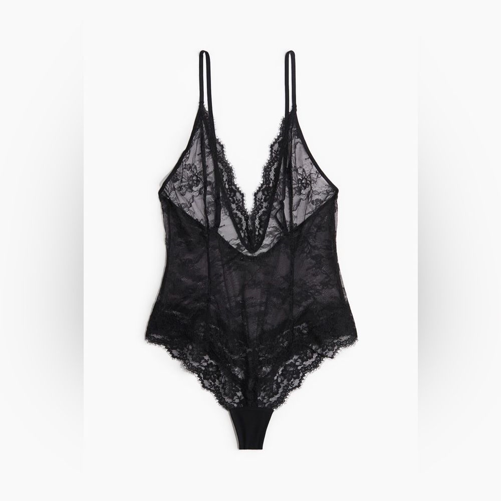NEW! H&M Black Lace Deep Plunge Bodysuit - Thong
- Size Small